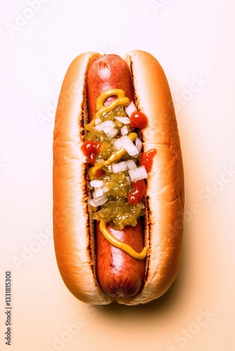 Tasty hot dog topped with mustard, ketchup, onions, and relish o