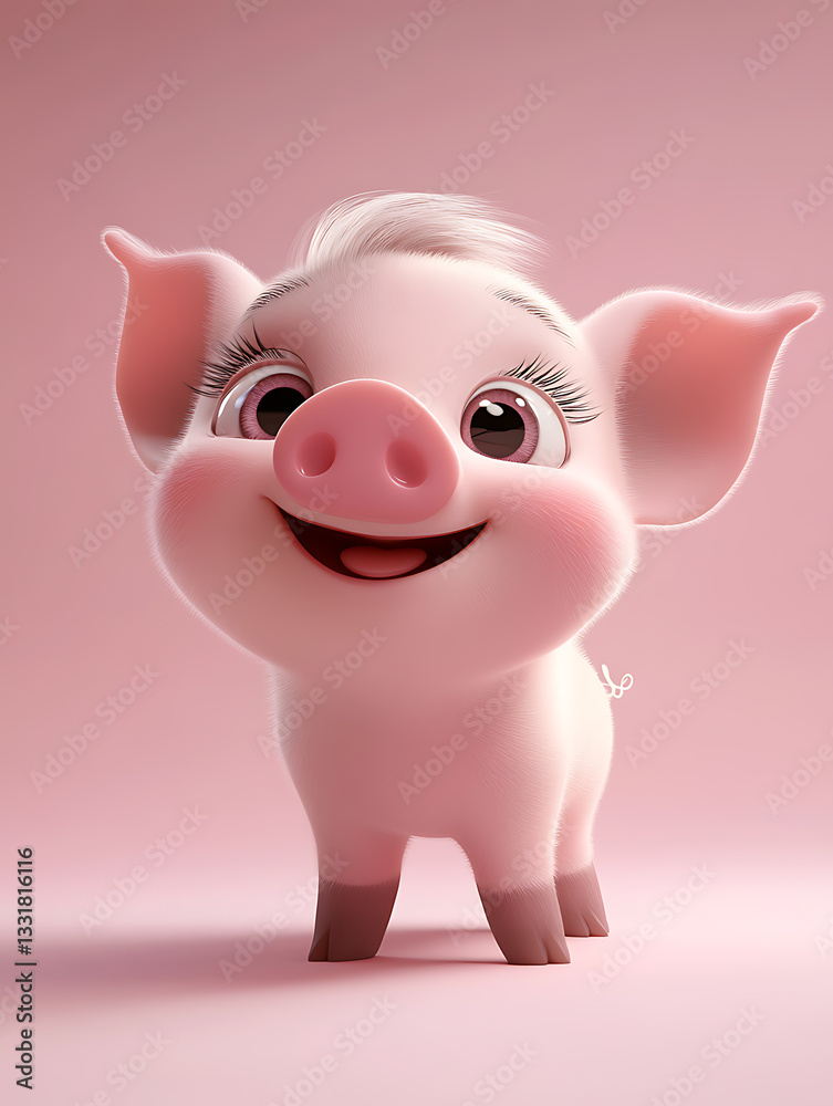 Cute pink piglet with big eyes smiling playfully against a soft pink background in a cheerful setting