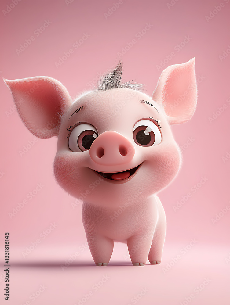 Cute pink piglet with big eyes smiling playfully against a soft pink background in a cheerful setting Cute pink piglet with big eyes smiling playfully against a soft pink background in a cheerful setting