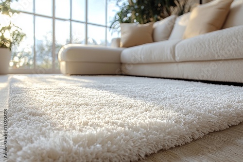 Close-up of soft fluffy carpet rug in living room with blurred sofa on background. White color rug with visible threads for cozy home decor. Interior design