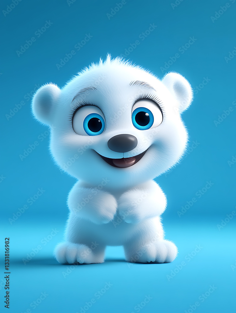 Cute cartoon polar bear cub sitting happily against a blue background, showcasing its playful and friendly expression in a charming design