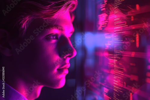 Intense view of a young male software engineer immersed in lines of code, highlighted by neon purple and pink, creating a cyberpunk and futuristic atmosphere.