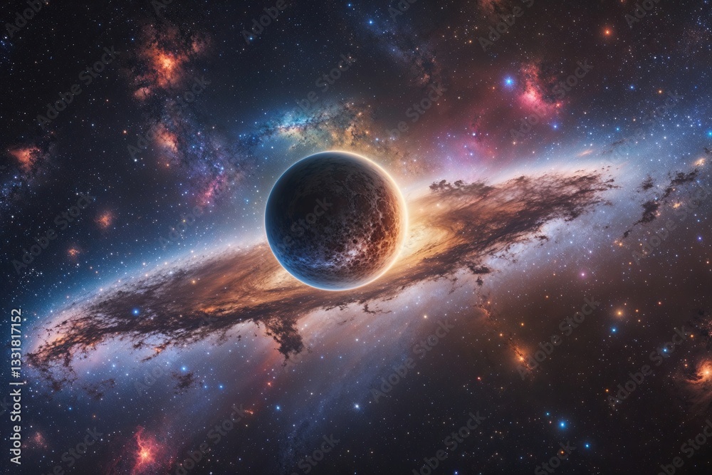 Obraz premium Mysterious Planet Surrounded by Vibrant Cosmic Nebula Colorful Stardust and Galactic Background