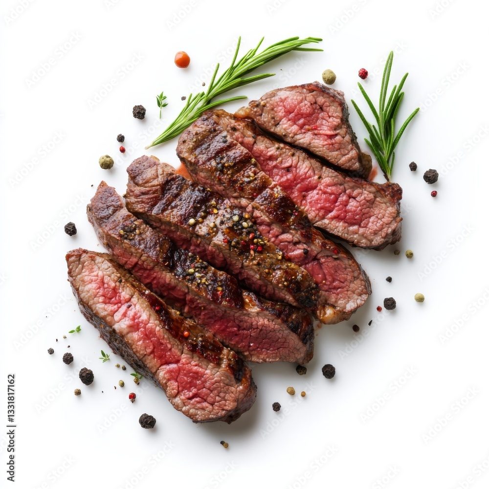 Juicy grilled steak slices served with rosemary and pepper garnish, offering a savory flavor on a white background. perfectly cooked and seasoned for a gourmet meal. Juicy grilled steak slices served with rosemary and pepper garnish, offering a savory flavor on a white background. perfectly cooked and seasoned for a gourmet meal.