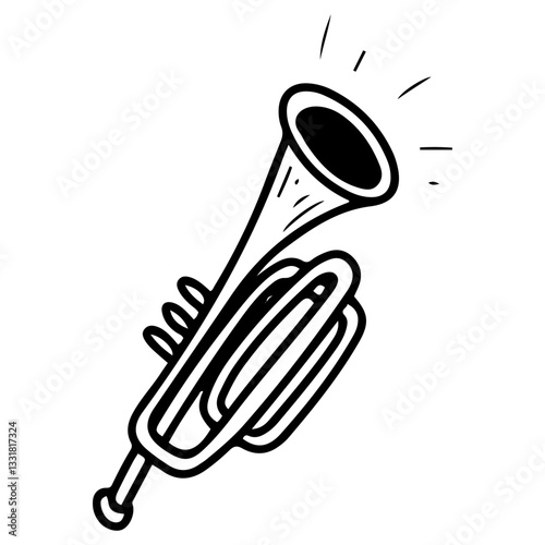 Wind musical instrument trumpet. Hand drawn doodle. French horn, pipe, bugle. Sound source. Musician's equipment. Blowing air. Vector line art illustration.