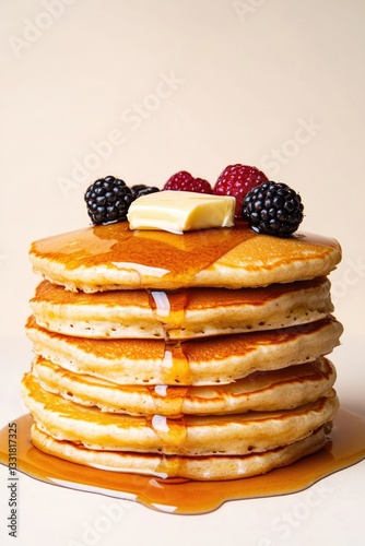 Fluffy pancakes stacked high, drizzled with syrup and topped wit