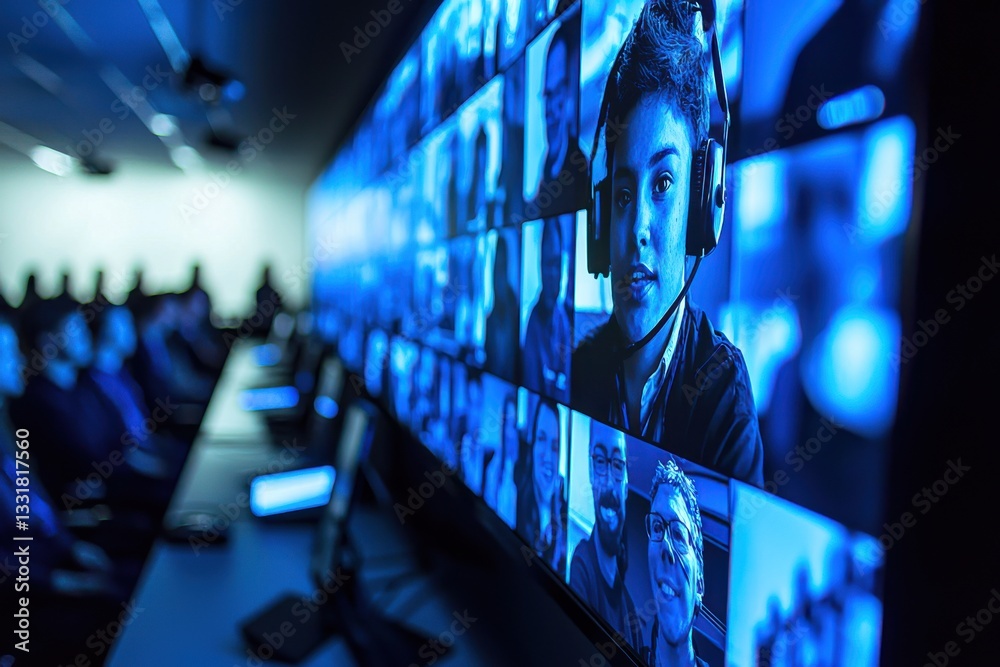 A modern business meeting on a massive video wall, showcasing a team call with participants displayed on a long row of monitors in a futuristic workspace. A modern business meeting on a massive video wall, showcasing a team call with participants displayed on a long row of monitors in a futuristic workspace.