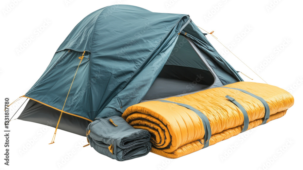Camping tent setup with sleeping bag ready for outdoor adventure at a scenic location