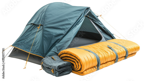 Obraz na płótnie Camping tent setup with sleeping bag ready for outdoor adventure at a scenic location w salonie
