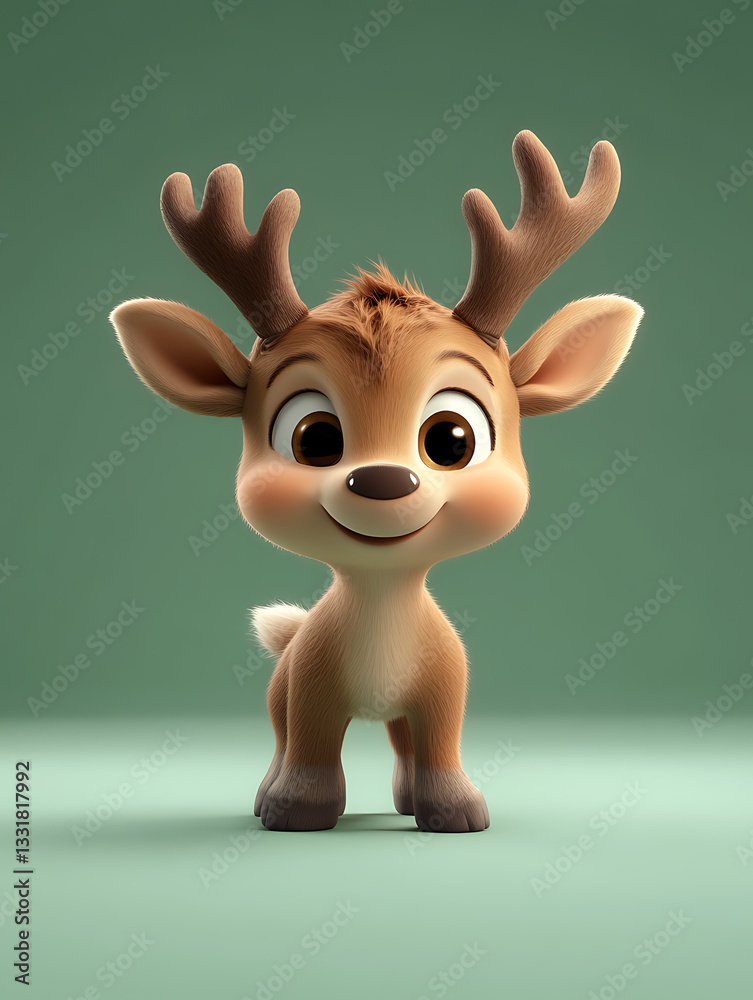 Cheerful cartoon deer character with big antlers and bright eyes in a simple background