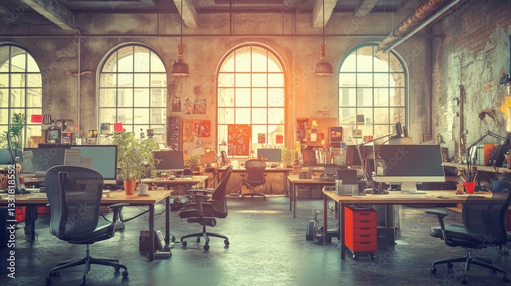 Fototapeta premium Industrial loft office space with natural light. Possible use for interior design inspiration