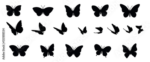 Various silhouettes of butterflies in different poses and sizes on a white background