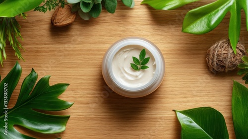 Wallpaper Mural A charming flat lay of a jar of cream surrounded by lush green leaves on a rustic wooden table for natural beauty Torontodigital.ca