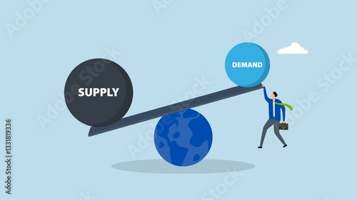 Demand vs supply balance, 4k animation Entrepreneur grasping a seesaw representing the equilibrium of demand and supply on Earth. 
