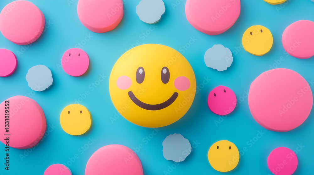 Colorful arrangement of smiley faces and round shapes on a bright blue background, enhancing a cheerful atmosphere Colorful arrangement of smiley faces and round shapes on a bright blue background, enhancing a cheerful atmosphere