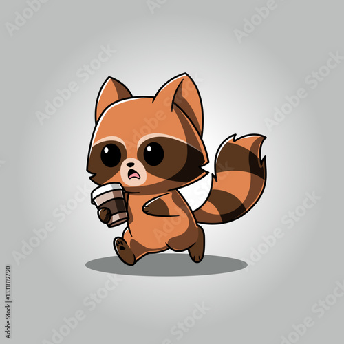 Cute Raccoon Running Late with Coffee Cartoon Vector Icon Illustration Animal Drink Icon Isolated Flat Vector