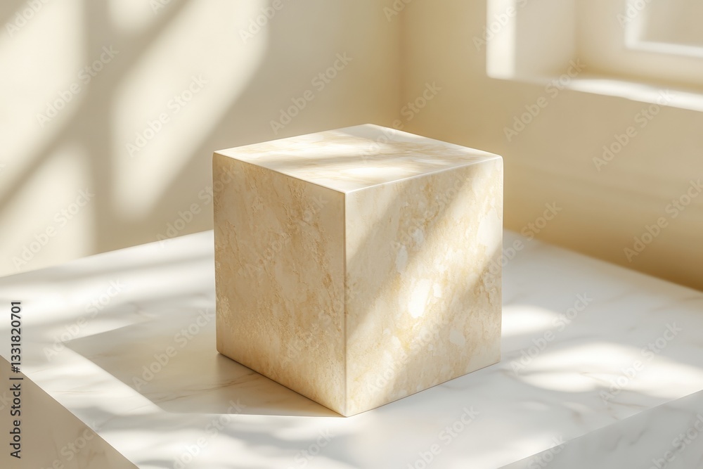 Elegant stone cube casting shadows in a bright modern interior during the afternoon Elegant stone cube casting shadows in a bright modern interior during the afternoon