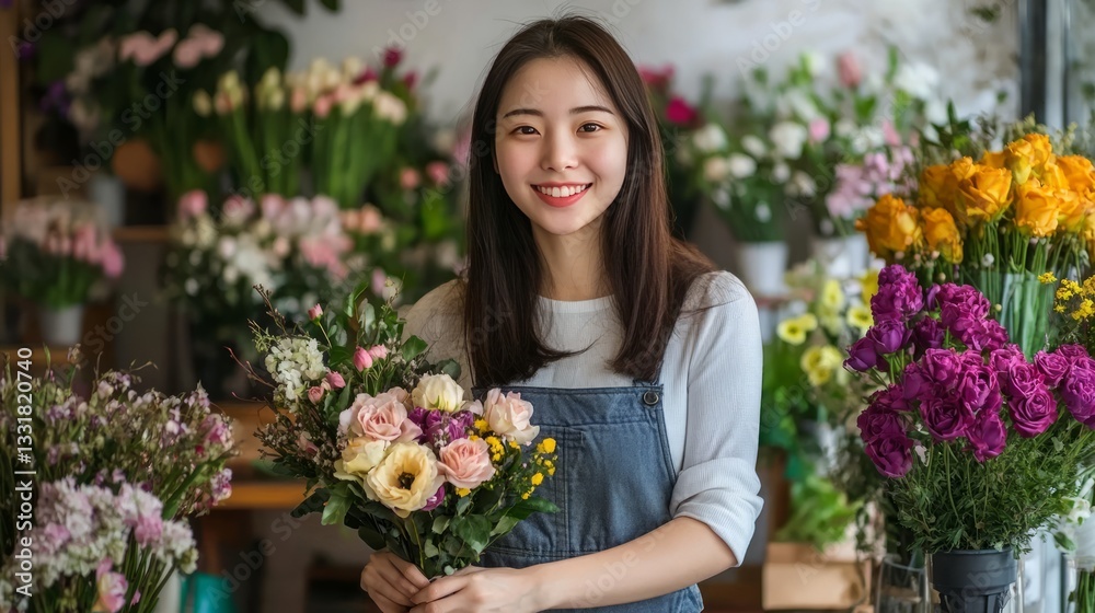 A young asian woman is arranging flowers, standing in her flower shop with a smile. A young asian woman is arranging flowers, standing in her flower shop with a smile.