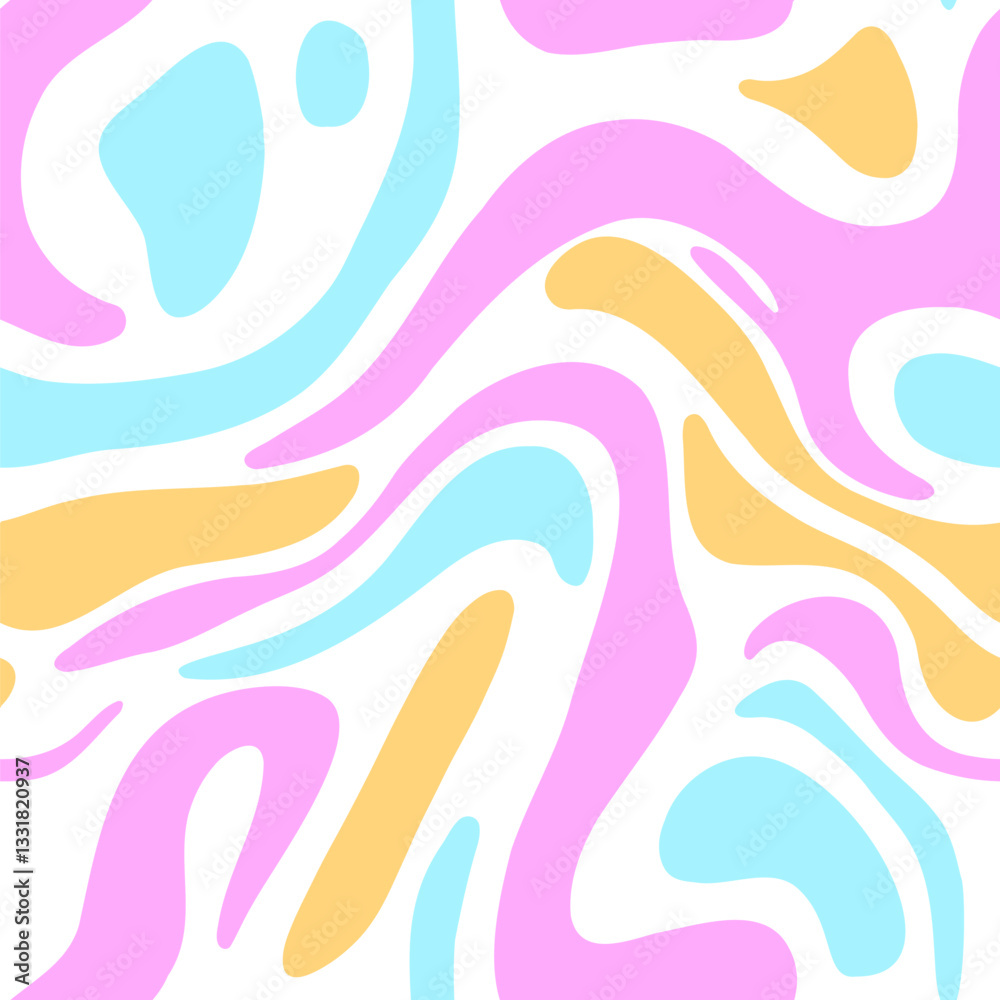 Abstract seamless pattern with fluid pastel shapes in pink, blue, and yellow, retro and psychedelic designs