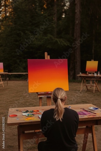 Artistic scene portrays person creating vibrant sunset hues outd