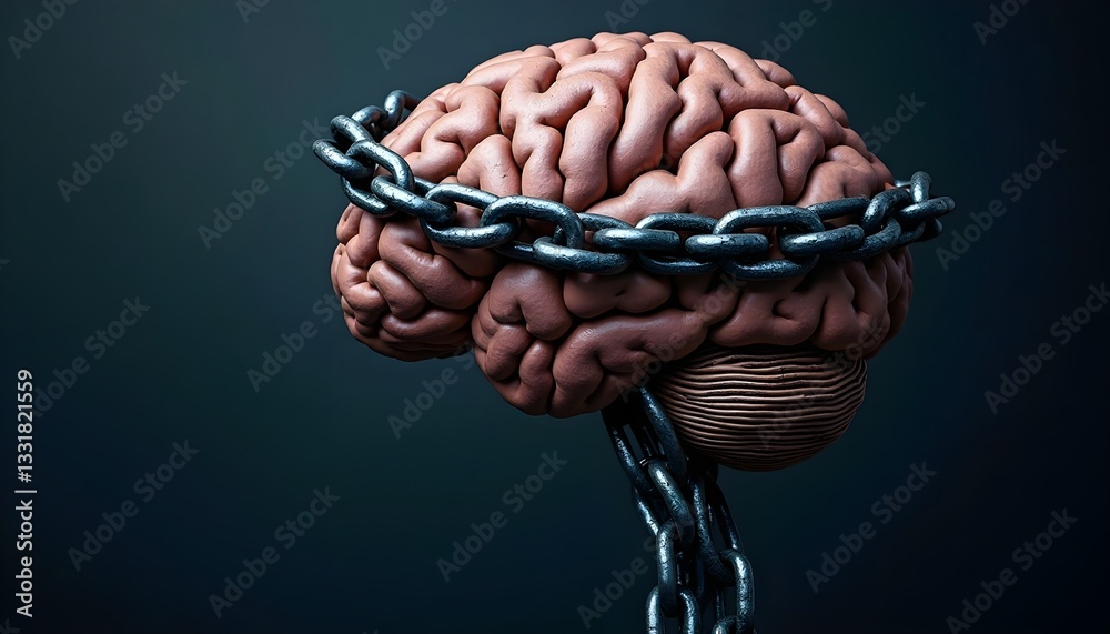 A brain is depicted, wrapped in heavy chains, symbolizing mental confinement or restriction.