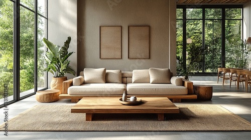 Modern Living Room Interior Design with Beige Sofa and Wooden Coffee Table