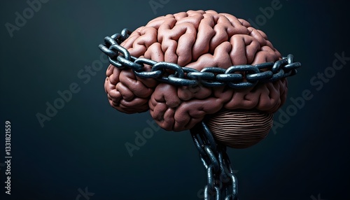Obraz na płótnie A brain is depicted, wrapped in heavy chains, symbolizing mental confinement or restriction. w salonie