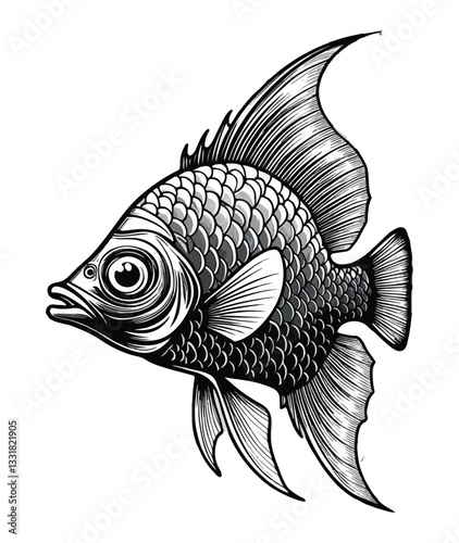 Angelfish Inspired Vector Illustration, Detailed Scales and Flowing Fins, Ideal for Aquarium and Aquatic Life Designs.

