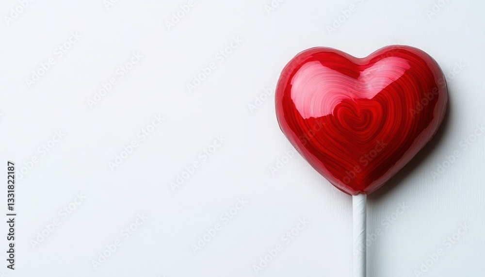 Fototapeta premium A shiny red heart-shaped lollipop on a plain white background, symbolizing love and sweetness.