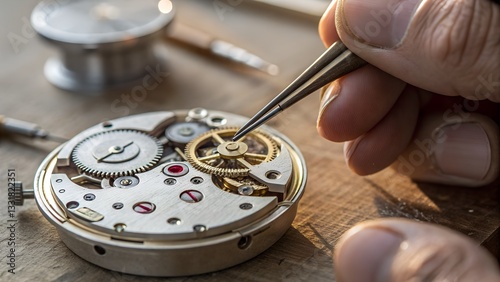 A watchmaker carefully assembles a mechanical timepiece using fine tweezers, highlighting the intricate details of horology and craftsmanship.