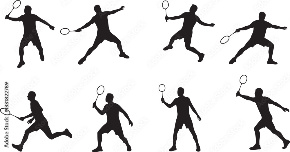 A collection of athletic badminton player silhouettes set in various action poses on white background A collection of athletic badminton player silhouettes set in various action poses on white background