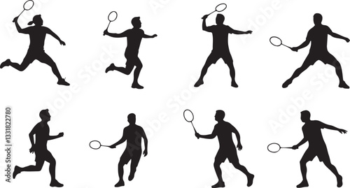 A collection of athletic badminton player silhouettes set  in various action poses on white background