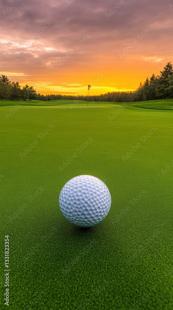 Fototapeta premium A close-up of a golf ball on vibrant green grass, set against a stunning sunset backdrop, creating a serene and picturesque golfing scene.