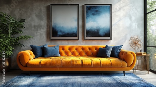 Mustard Yellow Velvet Sofa in Modern Living Room with Abstract Blue Artwork