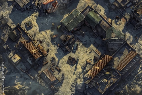 RPG digital battlemap post apocalyptic wasteland survival adventure scenic terrain detailed illustration immersive gaming experience tabletop roleplaying game character encounters strategic combat sce