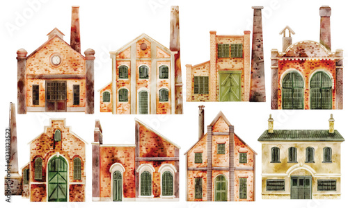 Watercolor Industrial Buildings Illustration Set, Hand Painted, Realistic, Vintage, Factory, Warehouse, Brick Architecture, Old Industrial Design