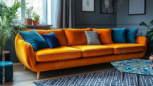 Mustard Yellow Velvet Sofa with Teal and Navy Pillows in Modern Living Room