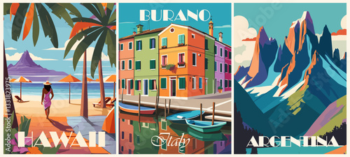 Travel Destination posters set in retro style, Argentina, Burano, Italy, Hawaii landscape prints. Vector illustration in bold vivid colors.