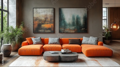 Orange Modular Sofa in a Rustic Industrial Living Room with Abstract Art