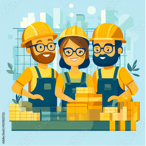 Smiling Construction Workers Displaying Bricks Against Cityscape Illustration