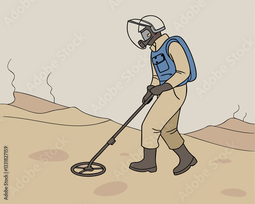 Astronaut with Metal Detector on Alien Planet Surface Illustration