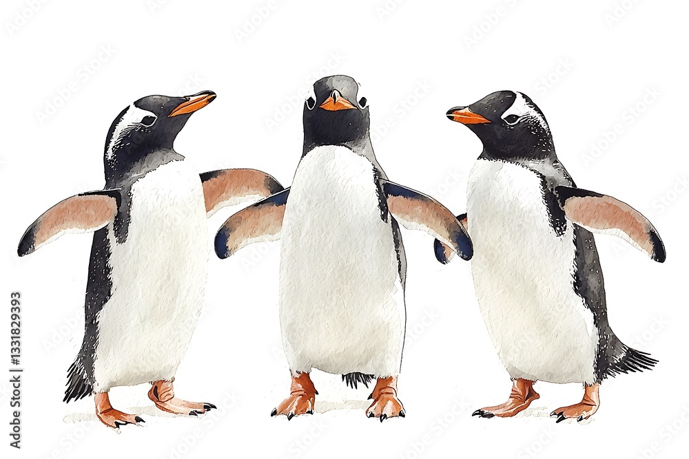 Fototapeta premium Three Gentoo Penguins in Watercolor Style A Trio of Antarctic Birds.