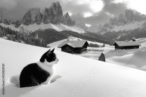 Snow-covered landscape features a black and white cat gazing at majestic mountains during a winter afternoon