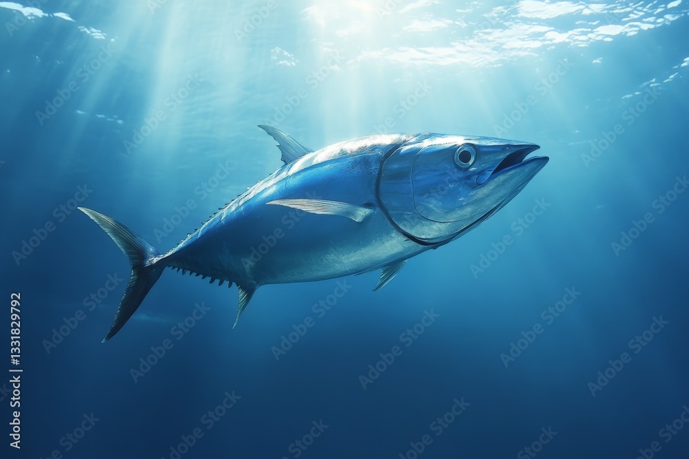 Naklejka premium Bluefin tuna swims gracefully in the clear ocean waters under sunlight