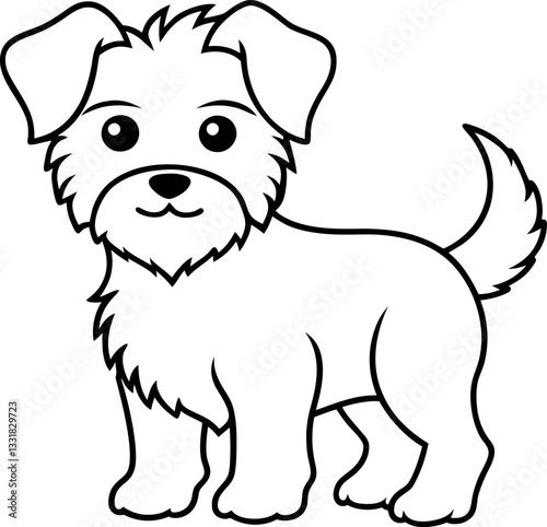 Minimalist black and white sketch of a standing dog, featuring fluffy fur and alert ears, suitable for vector pet illustrations, dog lover art, and animal education.

