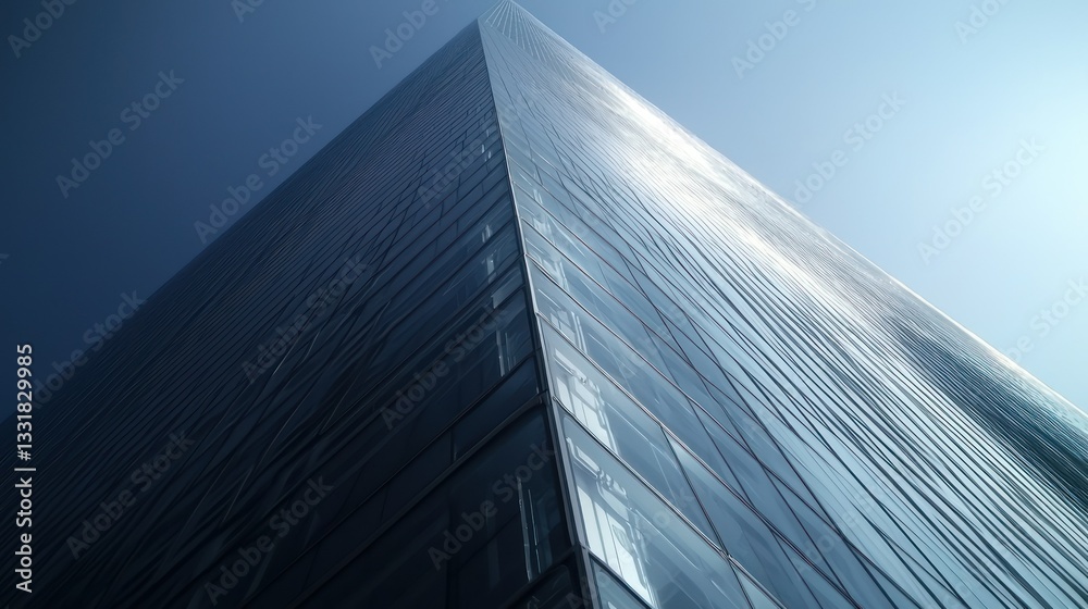 Modern skyscraper corner, low angle, bright sun, clear blue sky Modern skyscraper corner, low angle, bright sun, clear blue sky