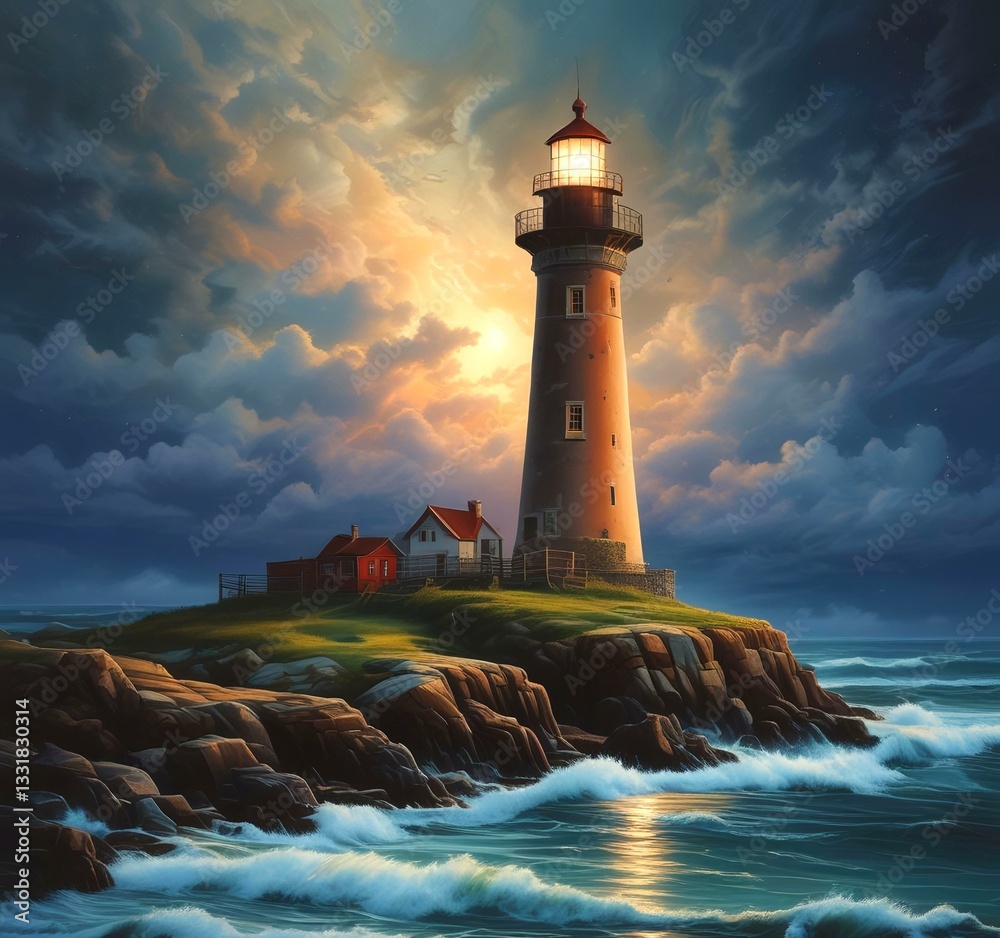 Naklejka premium Illustration of lighthouse with starry sky.