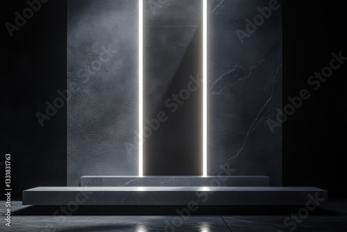 Modern minimalist design with glowing lines in a dark, atmospheric space photo
