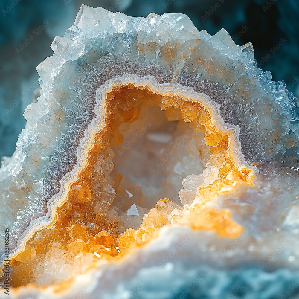 Obraz premium Geode Crystal Cave Interior Closeup. Nature Minerals Background. Science Education