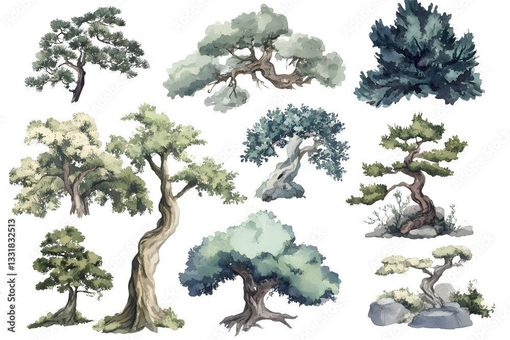 custom made wallpaper toronto digitalVector watercolor tree side view isolated on white background, Forest trees illustration EPS, Green pine, blue spruce, lush ash, beige bush, Set of hand drawn trees